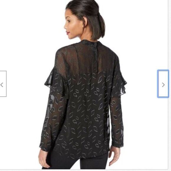 BCBGMAXAZRIA Blouse Womens XXS Black High-Low Sheer Chiffon Metallic Shirt - Picture 2 of 6